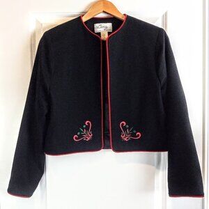 Vintage Lanz Originals Black Wool Embroidered Open Blazer